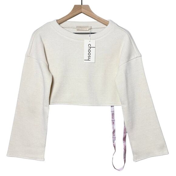 Choosy Elsa Cream Cropped Slouchy Slit Bell Sleeve Boxy Sweater Size Small New - Picture 1 of 10